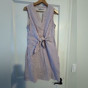 Vineyard Vines Red & Blue Striped Sleeveless Tie-Waist Midi Dress